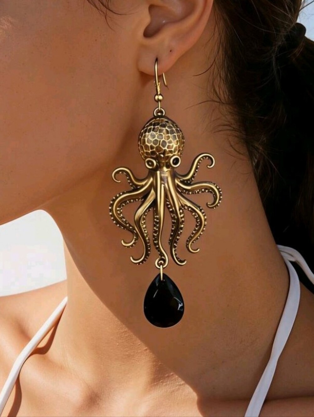NEW! Unique Gold Octopus Dangling Drop Hook Earrings with Black Teardrop